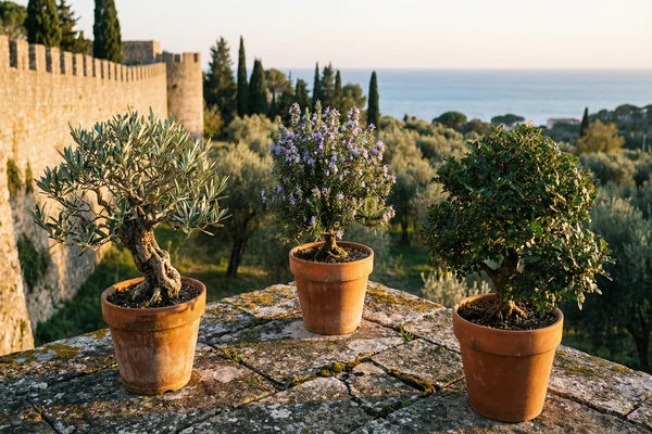 Tre bonsai mediterranei con un castello e una valle alberata sullo sfondo