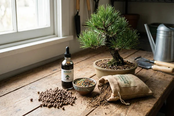 Tipi di concime per bonsai organico liquido e granulare su tavolo da lavoro