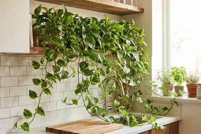 Pothos dorato cascante da mensola in soggiorno moderno