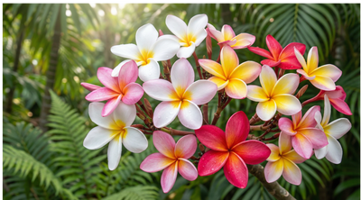 Fiori di Plumeria Frangipani multicolore bianchi rosa gialli rossi in fioritura