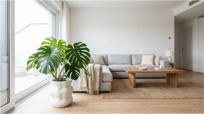 Monstera deliciosa in salotto moderno con divano grigio e luce naturale