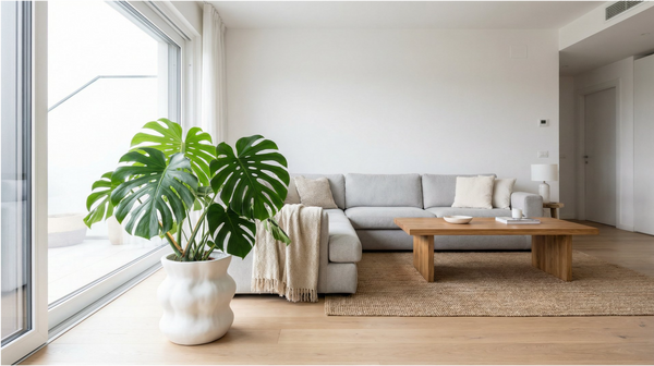 Monstera deliciosa in salotto moderno con divano grigio e luce naturale