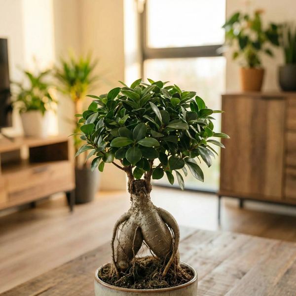 Bonsai Ficus Ginseng con chioma tondeggiante e compatta dopo la potatura e la ripresa vegetativa