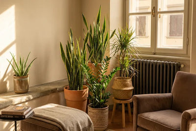 Piante da interno vicino a un termosifone in un soggiorno moderno italiano con luce naturale