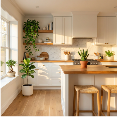 Cucina moderna arredata con piante da interno Ficus Lyrata Pothos Sansevieria e Bonsai