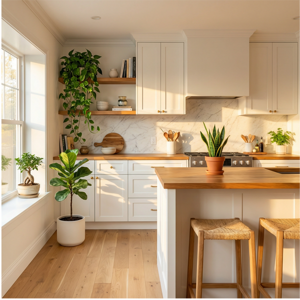 Cucina moderna arredata con piante da interno Ficus Lyrata Pothos Sansevieria e Bonsai