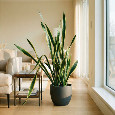 Sansevieria Laurentii con foglie alte piegate in soggiorno moderno, problema comune pianta da interno