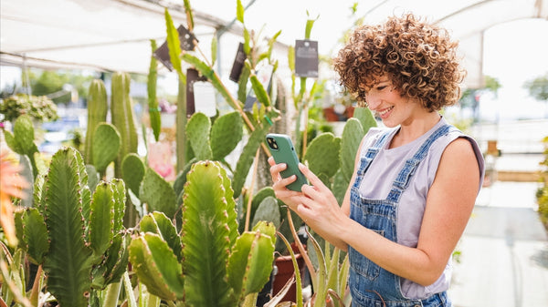 Donna sorridente con smartphone tra piante grasse in vivaio