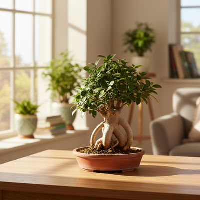 Bonsai Ficus Ginseng con radici aeree esposte su tavolino in legno, luce naturale