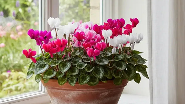 Ciclamini in fiore di colori misti in vaso su un davanzale luminoso