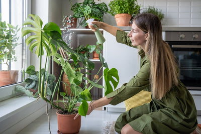 Donna che nebulizza le foglie di una pianta Monstera deliciosa con foglie fenestrate in cucina moderna, circondata da altre piante da interno in vasi di terracotta