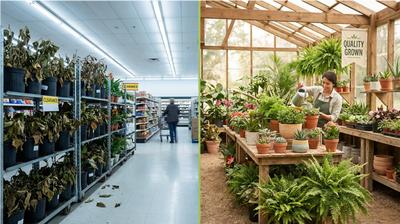 Confronto visivo tra piante malate in supermercato e piante sane in vivaio specializzato