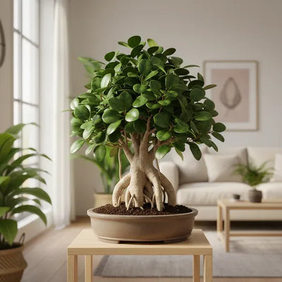 Bonsai Ficus Ginseng con radici aeree in vaso di ceramica su tavolino di legno in salotto luminoso
