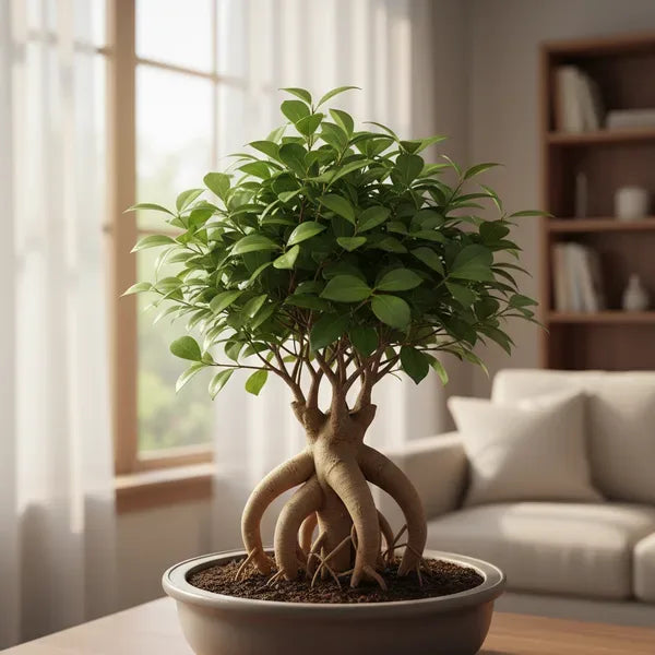 Bonsai Ginseng sano con foglie verdi e radici aeree, in un salotto luminoso in inverno