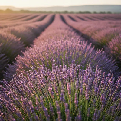 Campo di lavanda viola in Provenza al tramonto, con luce calda e fiori in primo piano