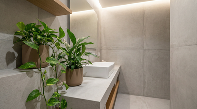 Composizione minimal di piante verdi in vaso in un bagno umido