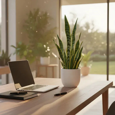 Postazione di smart working con piante ufficio, Sansevieria in vaso bianco su scrivania in legno chiaro