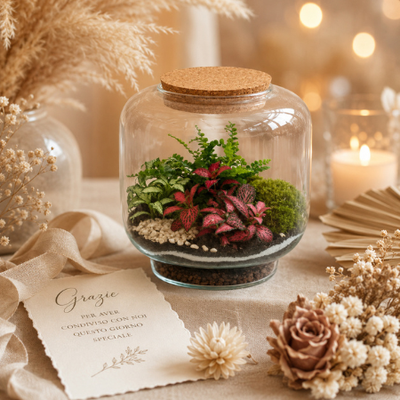 errarium piante verdi su tavolo wedding
