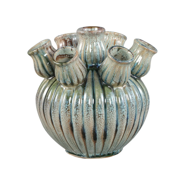 Vase tulipe rond côtelé en céramique turquoise Nolou XS