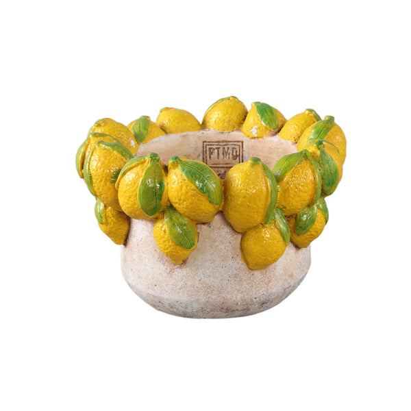 Latesha Yellow round cement pot with lemons M