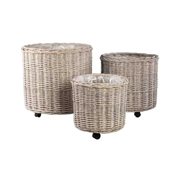 Linsey Panier rond en osier beige sur roulettes S-3 - S