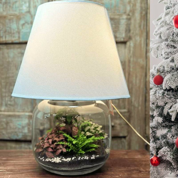Lampada con base in vetro contenente un terrarium di piante verdi e rosa su tavolo in legno.