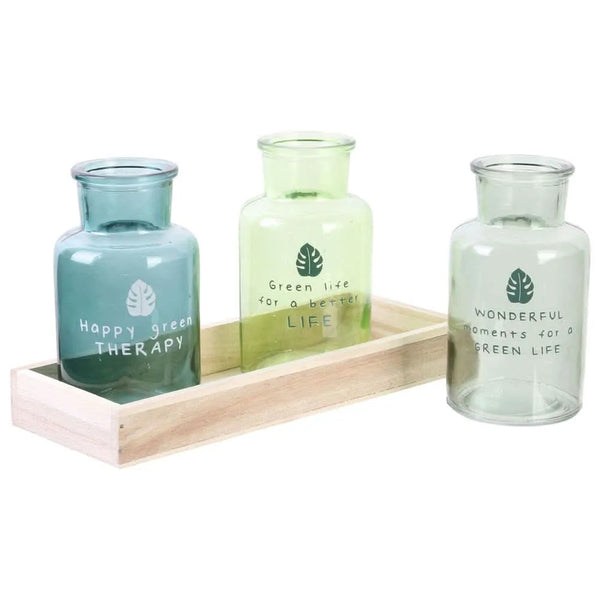 Ensemble de trois vases en verre avec support en bois