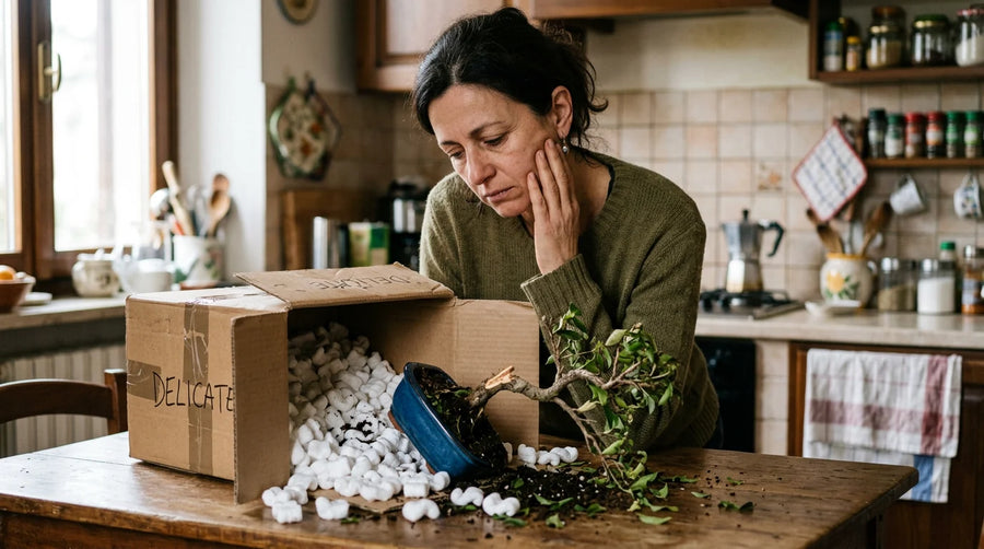 Donna che rimane delusa con apertura scatola per un Bonsai arrivato danneggiato 