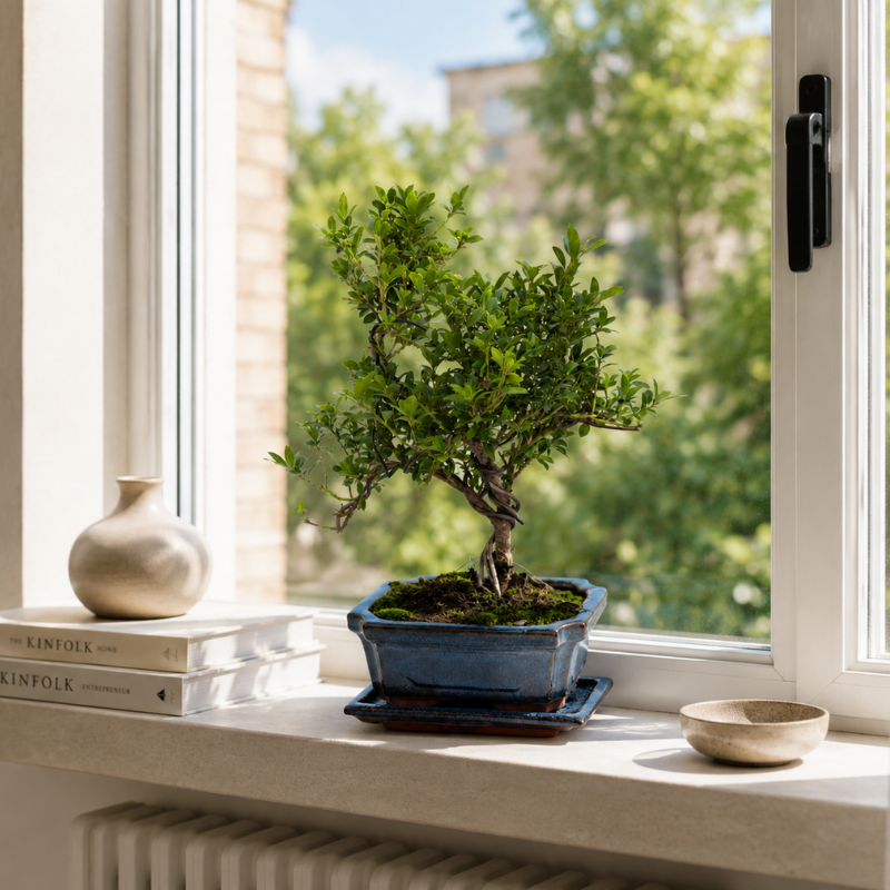 Bonsai di ligustrum su davanzale finesta 