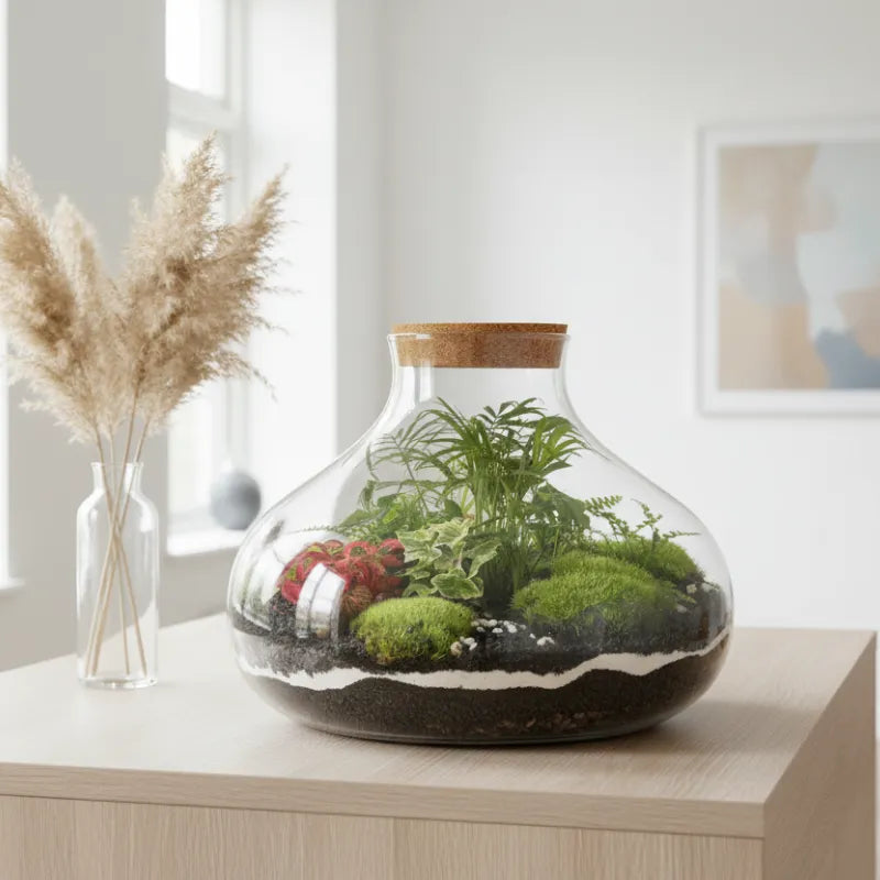 Tearrium in vetro di piante verdi su tavolo elegante con composizione di fiori stabilizzati di fianco