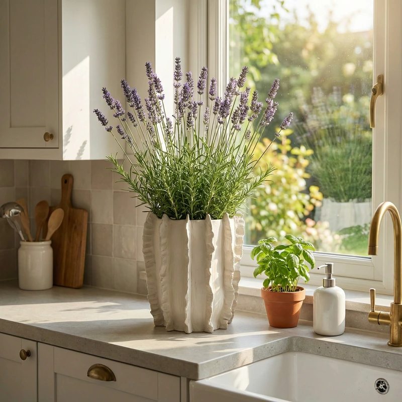 Vaso in ceramica con Lavanda e pianta aromatica posizionato in cucina vicino a finestra luminosa
