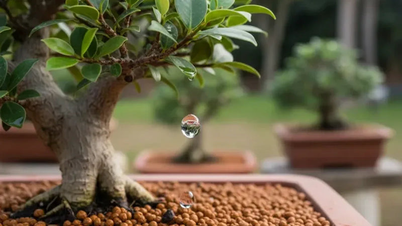 Bonsai di ficus retusa con singola goccia d'acqua in caduta sul substrato — hero acqua per bonsai