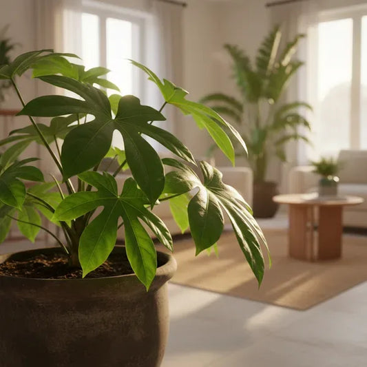 Aralia pianta (Fatsia japonica) in vaso di terracotta in un soggiorno luminoso, grandi foglie verdi lucide.