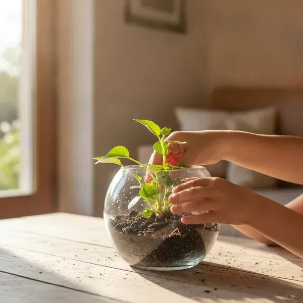 Due paia di mani, una adulta e una di bambino, costruiscono insieme un terrarium in vetro su tavolo di legno