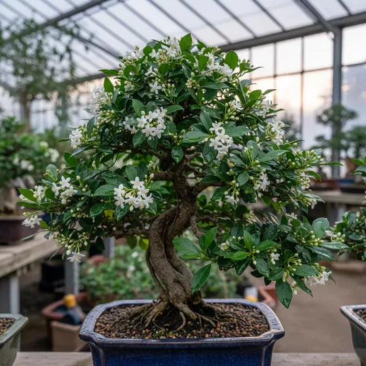 Bonsai Carmona in fiore con piccole foglie lucide e fiori bianchi, in un vaso di ceramica scura