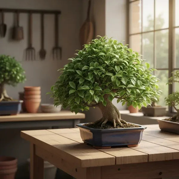 Bonsai Ficus retusa sano e rigoglioso in un ambiente luminoso