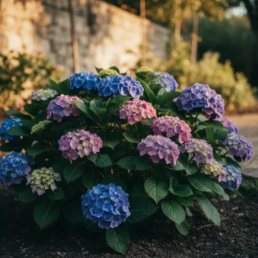 Ortensie rigogliose in piena fioritura con fiori blu, rosa e viola in un giardino al tramonto