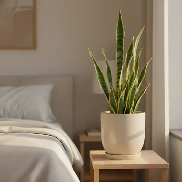 Sansevieria Laurentii in camera da letto su comodino in legno, luce del mattino