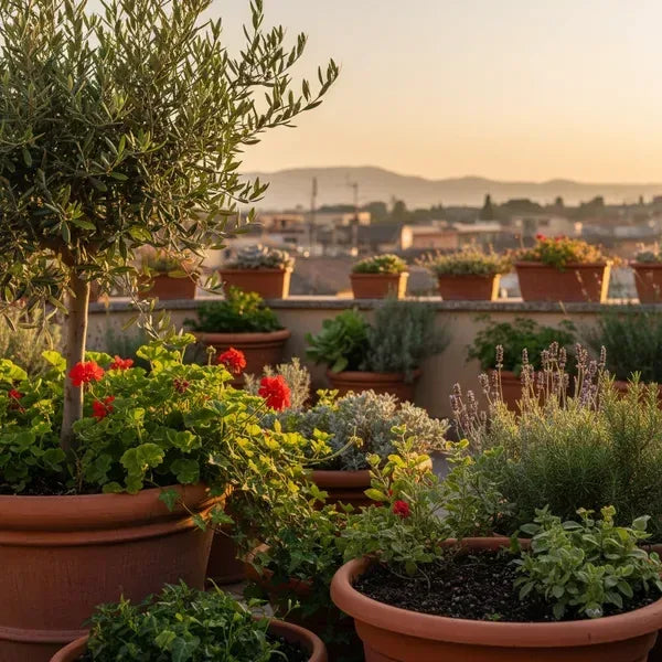 Terrazzo italiano a fine agosto con piante in vaso e luce calda di fine giornata