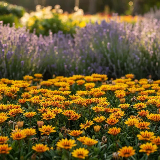 Giardino mediterraneo rigoglioso con piante fiorite a lunga fioritura, Gazanie colorate e Lavanda viola in pieno sole.