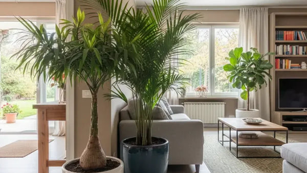 Ingresso e soggiorno con Beaucarnea, Kentia e Ficus lyrata in vasi di ceramica