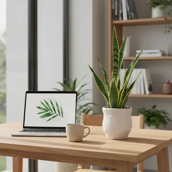Scrivania home office con Sansevieria swasdii in ceramica artigianale e luce naturale