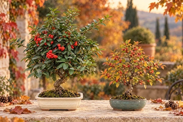Bonsai di piracanta e Ilex con frutti rosso-arancio in posizione esterna