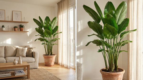 Strelitzia nicolai di grandi dimensioni in un salotto moderno, pianta tropicale sana in inverno