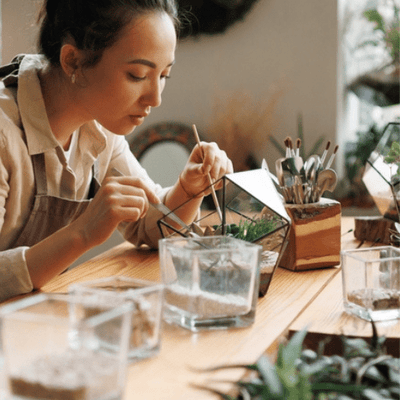 Terrarium fai da te in vaso di vetro, piccolo giardino in miniatura con piante verdi