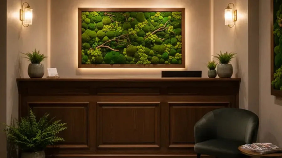 Quadro di muschio stabilizzato in una reception senza finestre