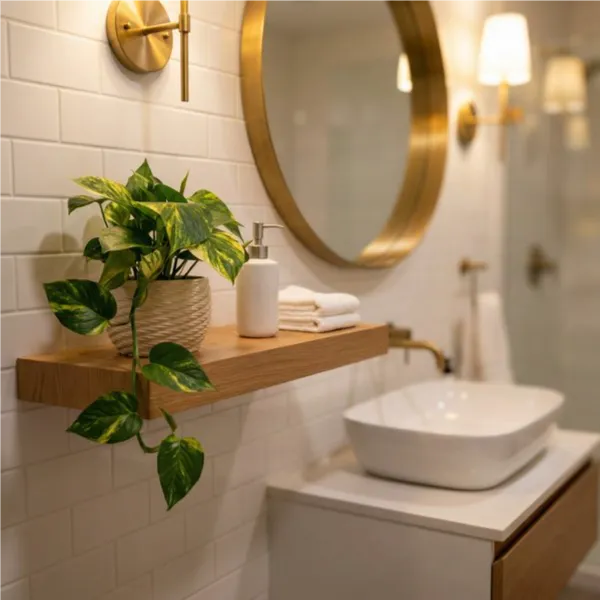 Pothos Scindapsus Aurea - dettaglio foglie variegate su mensola in bagno, pianta facile da curare