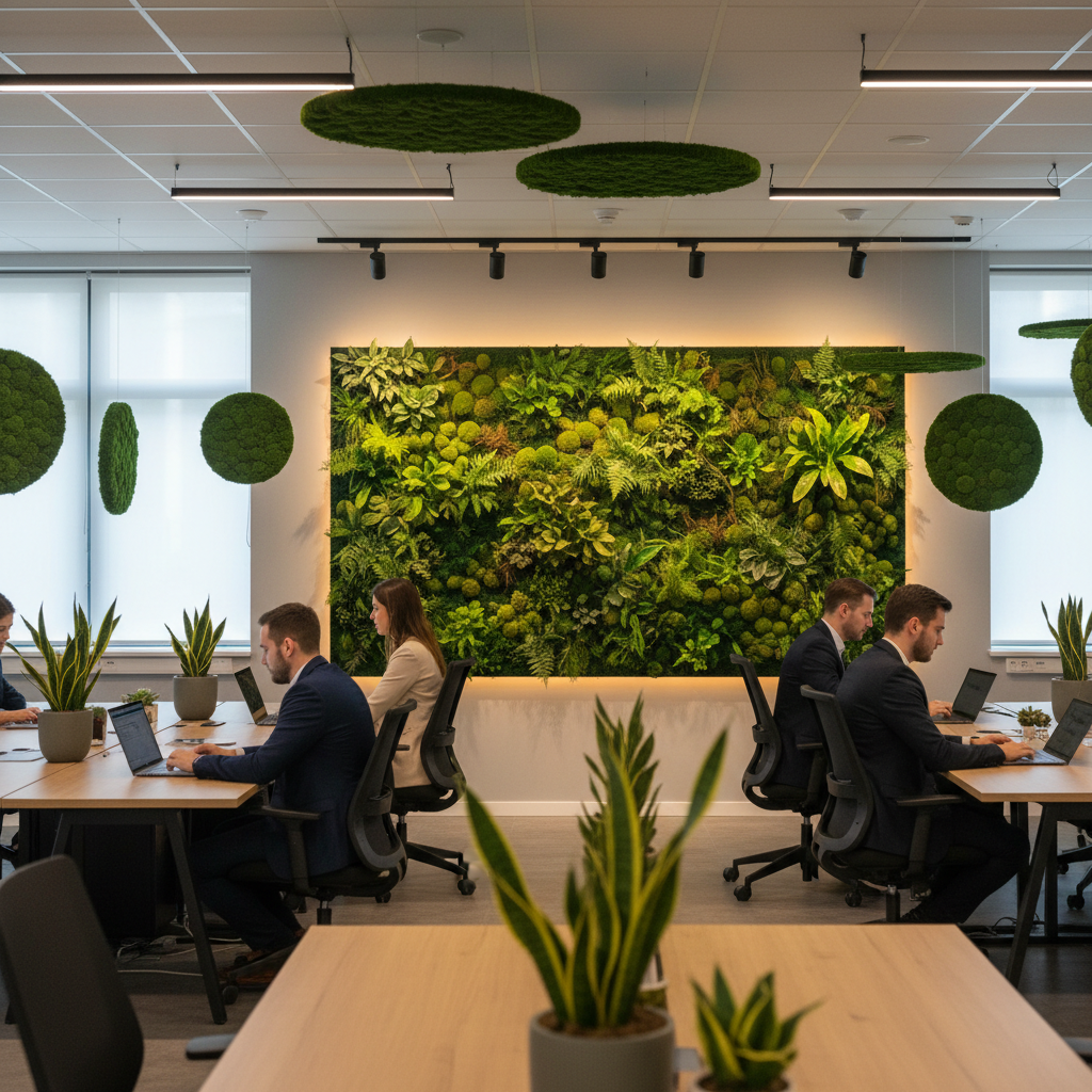 Ufficio open space con design biofilico, pareti e pannelli in verde stabilizzato per migliorare acustica e benessere