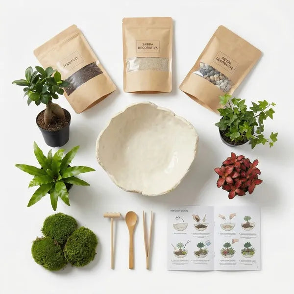 Kit Terrarium Fai da Te Geo Terrarium - tutti i componenti del kit disposti: ciotola, bonsai, piante, terriccio, sabbia, pietre, muschio e attrezzi
