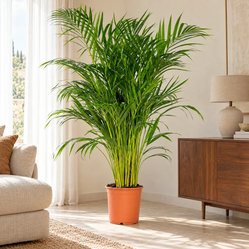 Palma Areca da interno in un soggiorno luminoso accanto a divano e madia in legno